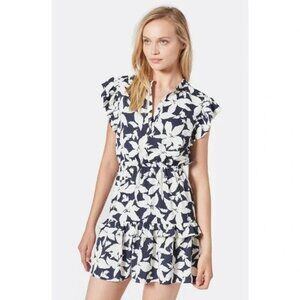 Joie Krystina Mini Dress White Blue Floral Pattern Ruffles Flutter Sleeve